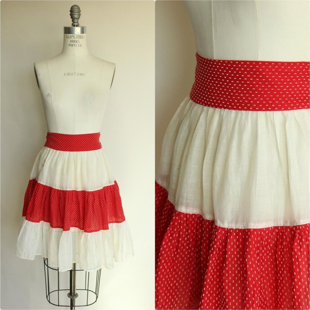 Vintage 1950s Half Apron, White Cotton Organdy with Red and White Trim